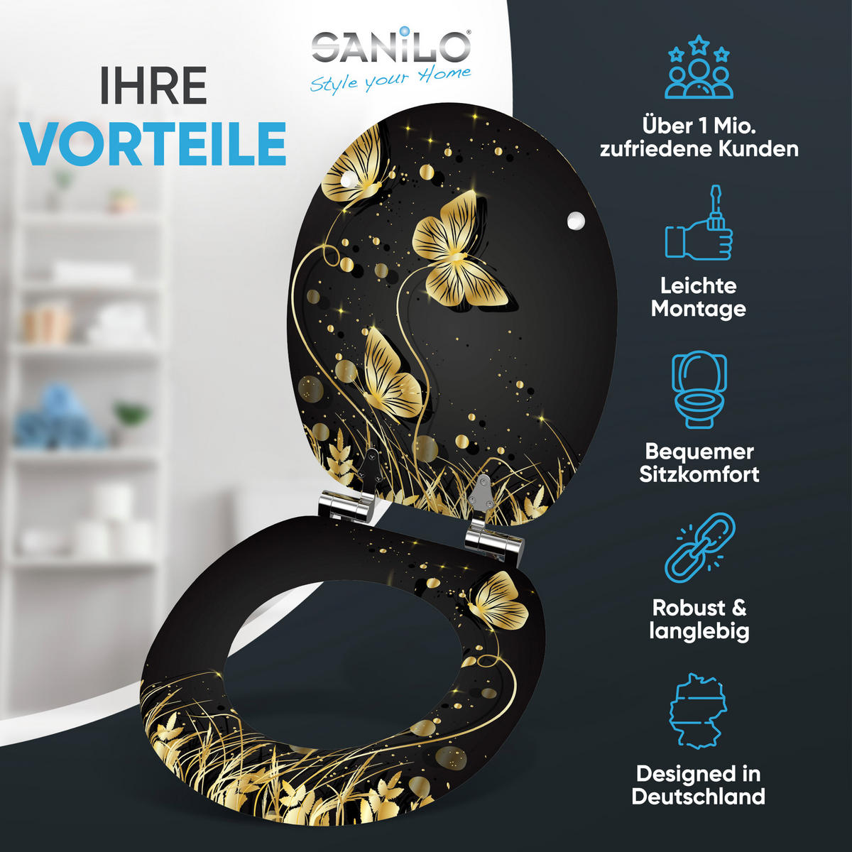 WC Sitz mit Absenkautomatik Silhouette - Schwarz, Holzwerkstoff (38/6/47cm) - Sanilo