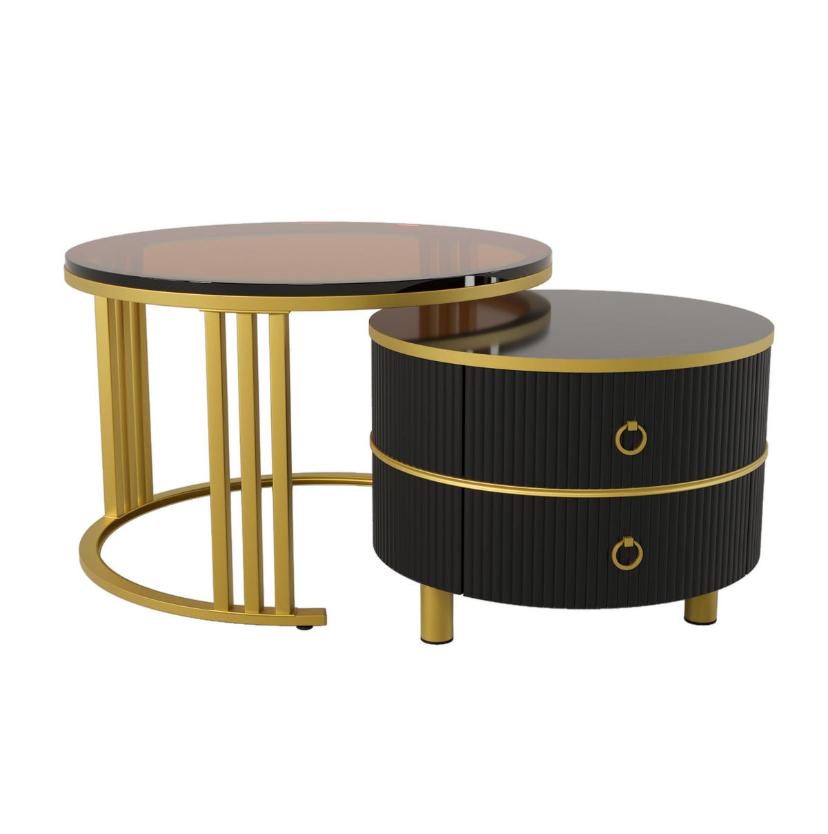 COUCHTISCH-SET 70/50 cm mit 2 Schubladen und gehärteter Glasplatte - Schwarz, Holzwerkstoff (70/70/45cm) - BEAOK