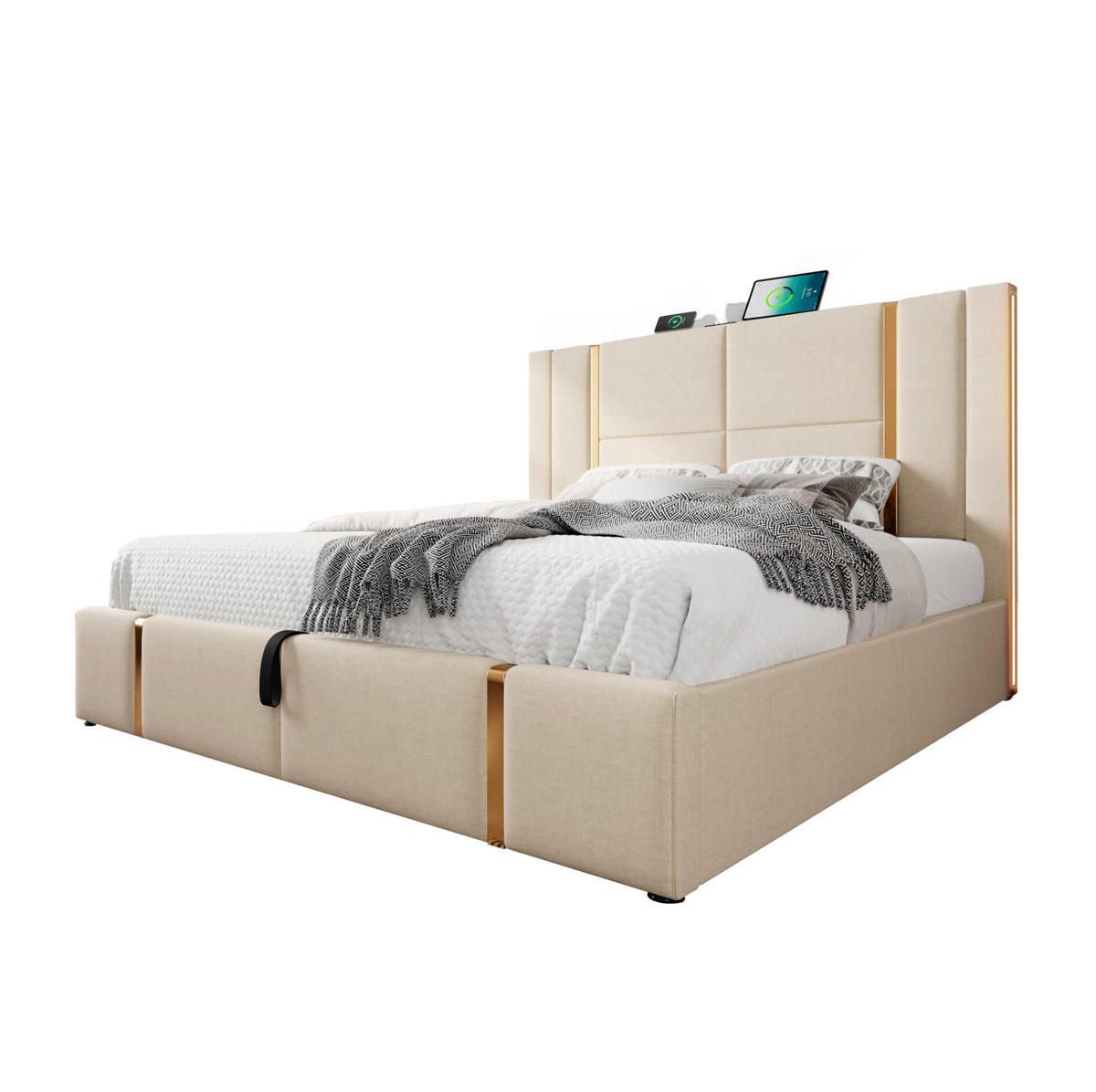 POLSTERBETT 140/200 cm Beige mit USB- und Type-C-Anschlüssen LED-Beleuchtung und Stauraum - Beige, Textil (140/200cm) - OKWISH