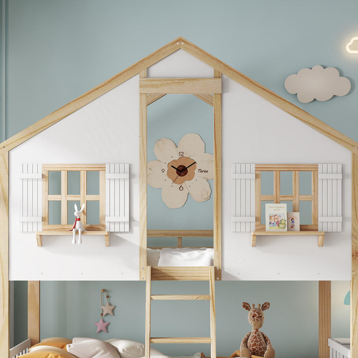 ETAGENBETT mit Fenster und Dach, Weiß/Natur, 90/200 cm, ohne Matratze - Weiß, Holz (90/200cm) - MIVRAY