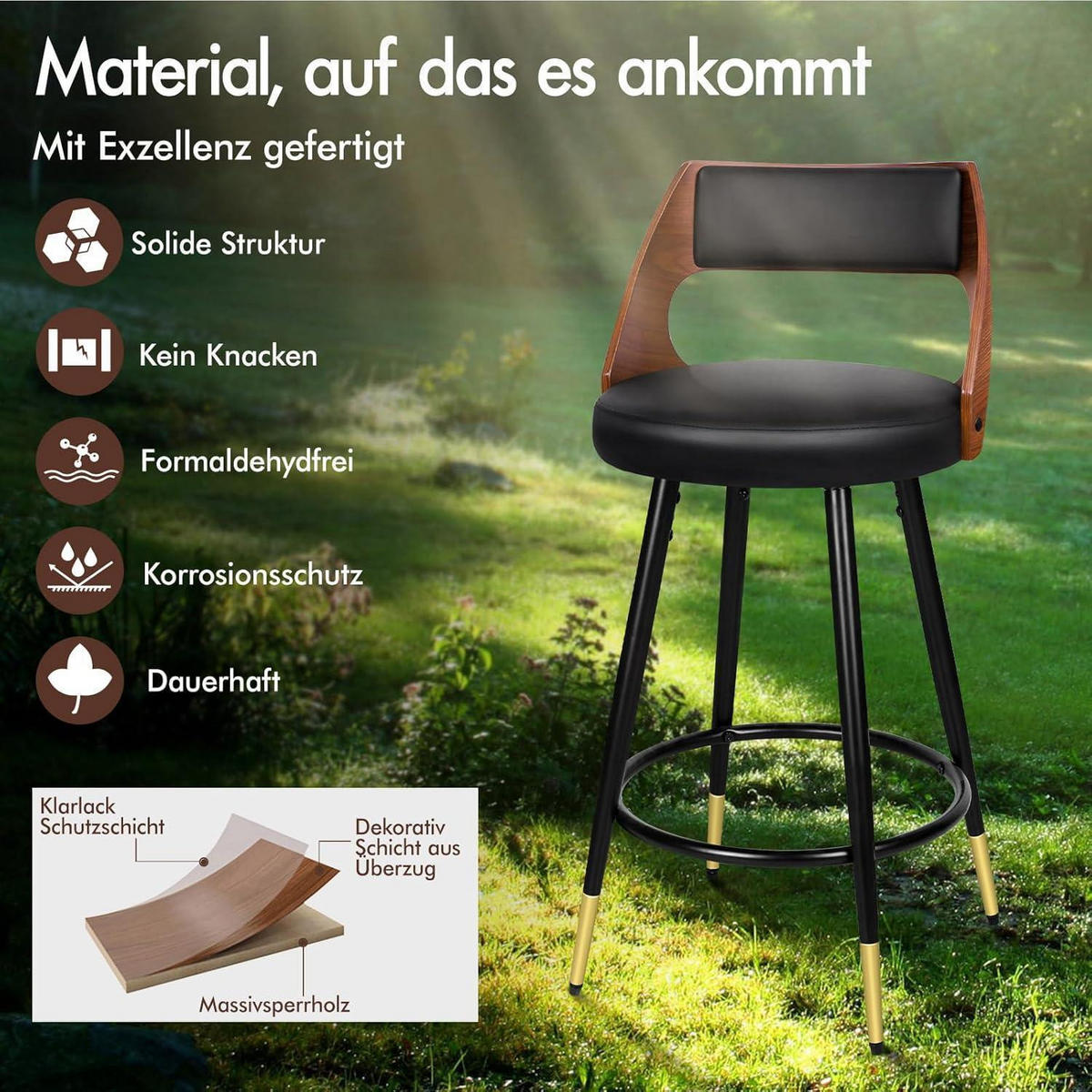 BARHOCKER 2-teiliges Set Holz-Sitz Schwarz 65 cm - Multicolor, Metall (47/92/50cm)
