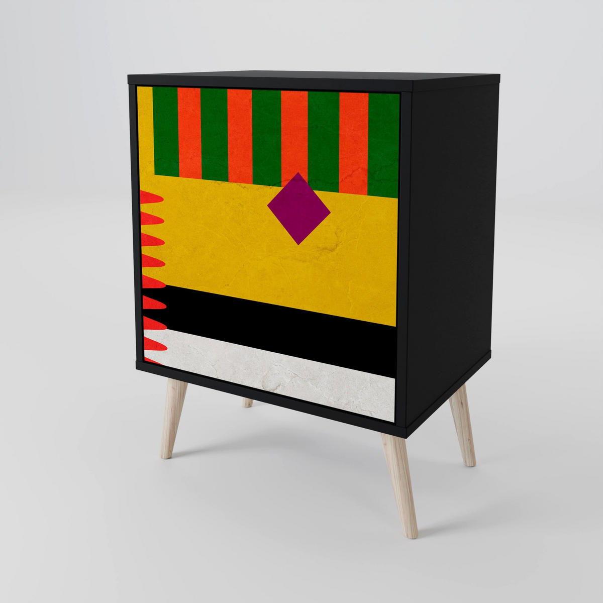 SIDEBOARD VIVID ART, Schwarz, 57,5x42x72,5 cm, Schwarze Metallfüße - Multicolor/Schwarz, Holzwerkstoff/Metall (57.5/72.5/42cm) - SpaceRebels