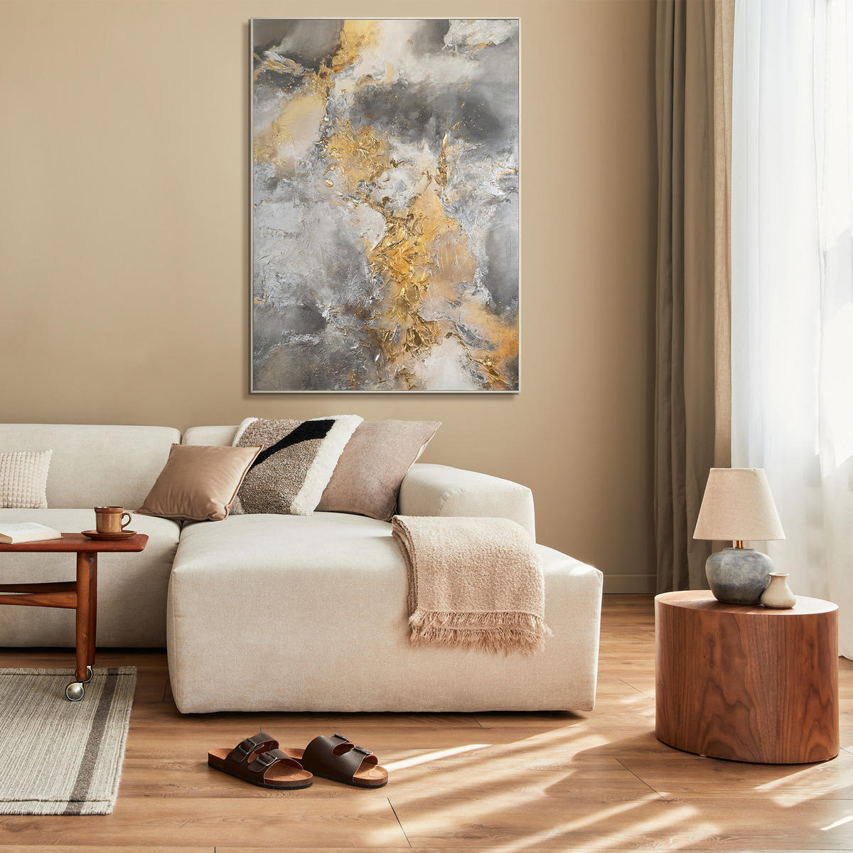 GEMÄLDE Harmonie von Gold und Silber Schattenfugenrahmen Beige 120x80 cm - Beige, Holz (120/80cm) - YS-art gallery