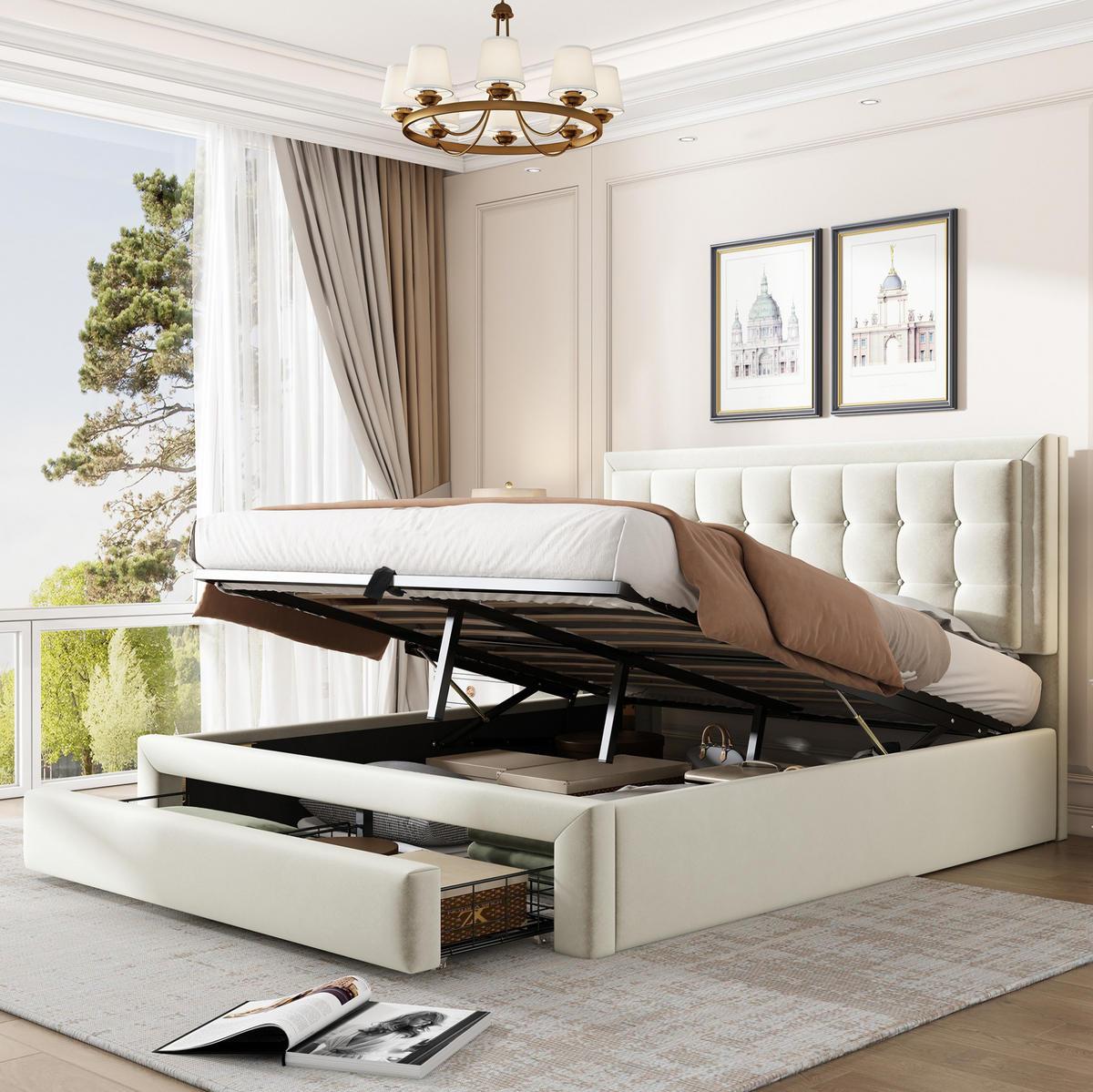 POLSTERBETT 140/200 cm mit verstellbarem Kopfteil, hydraulischem Stauraum und 2 Schubladen, Samt Beige - Beige, Textil (140/200cm) - Redom