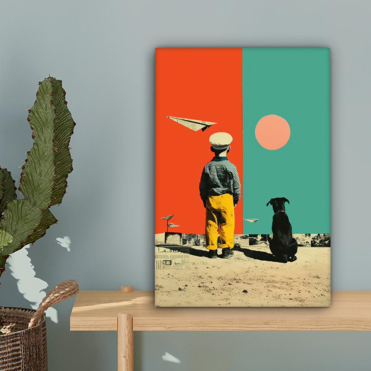 LEINWANDBILD Retro - Junge - Hund - Rot - Grün Deko Wohnzimmer 20x30 cm - Orange, Textil (20/30cm) - MuchoWow