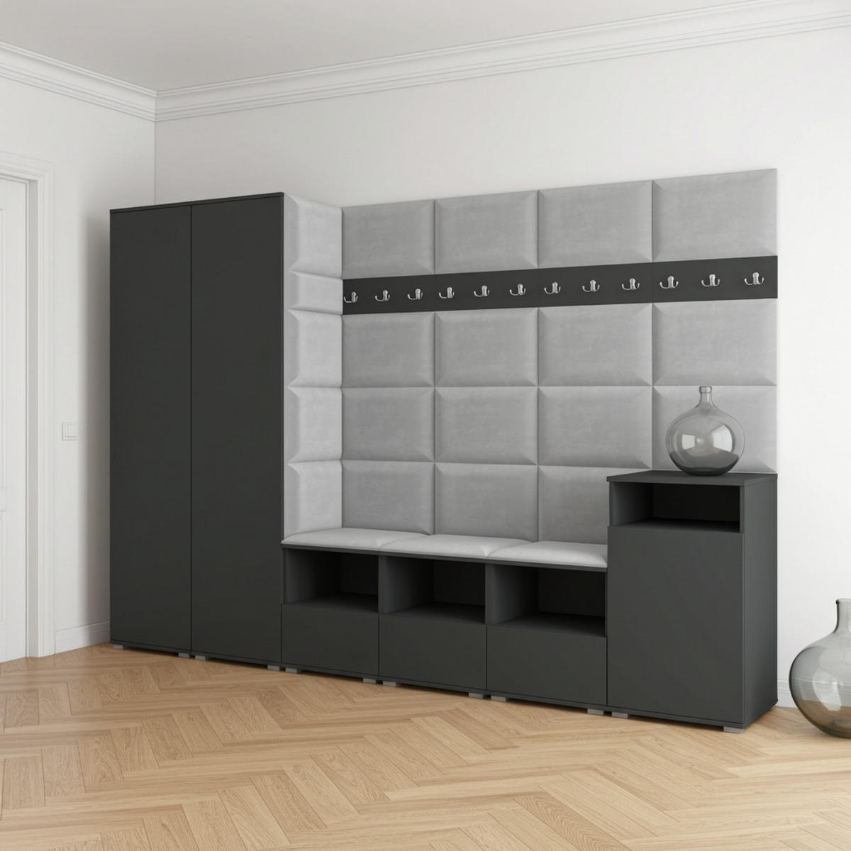 GARDEROBE NELA XII 300 cm (Modulare Flurmöbel Graphit mit Sitzpolster Hellgrau 32 Gigantisches Set) - Silberfarben/Hellgrau, Holz/Holzwerkstoff (300/187/40cm) - Ravio