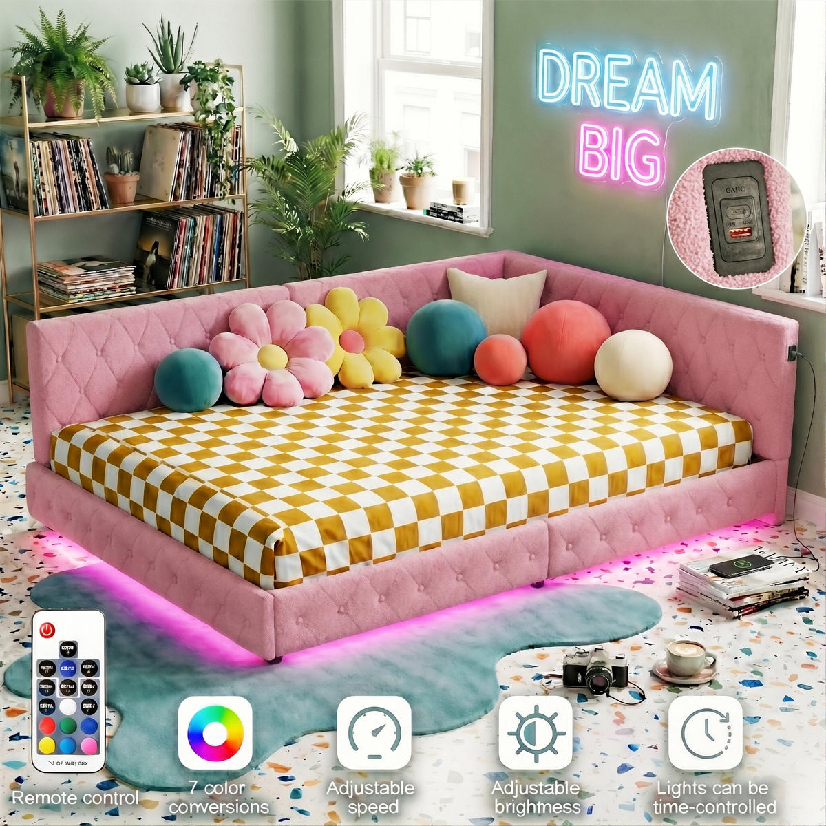 POLSTERBETT Modern 140/200 cm mit L-Eckpolsterung & LED Teddy-Plüsch Pink - Pink, Textil (140/200cm) - Creahappy