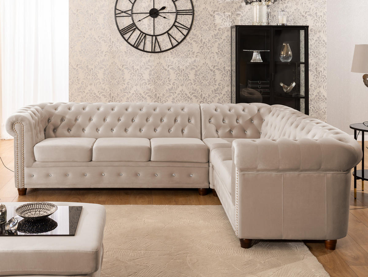 ECKSOFA Chesterfield Cleo Blink Beige Samt mit Kristallsteppung und braunen Massivholzfüßen - Ottomane Rechts - Beige/Braun, Holz/Textil (264/210cm) - S-Style Möbel