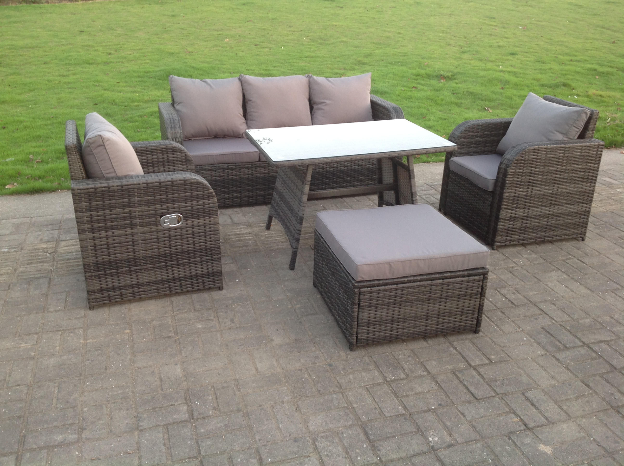 LOUNGESOFA SET mit Hocker Polyrattan 6-Sitzer - Dunkelgrau/Grau, Glas/Kunststoff - Fimous