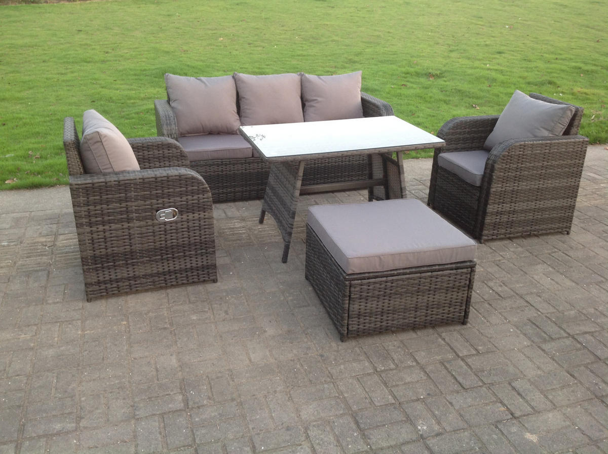 LOUNGESOFA SET mit Hocker Polyrattan 6-Sitzer - Dunkelgrau/Grau, Glas/Kunststoff - Fimous