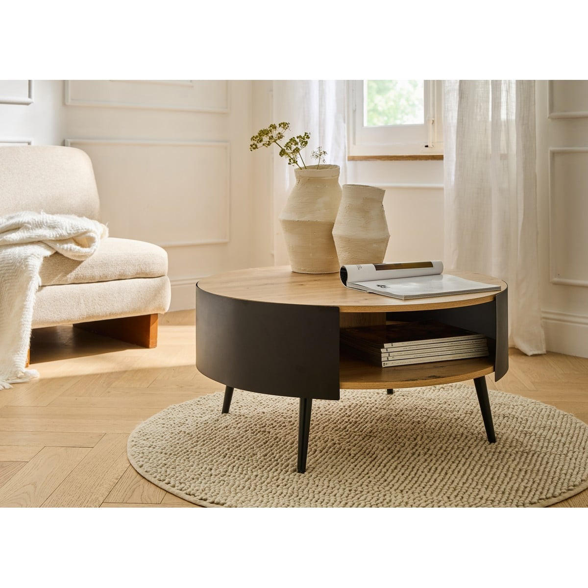 COUCHTISCH mit 2 Ebenen und schwarzen Metallseiten eklo 80/39/80 cm - Eichefarben, Holzwerkstoff (80/80/39cm) - Calicosy