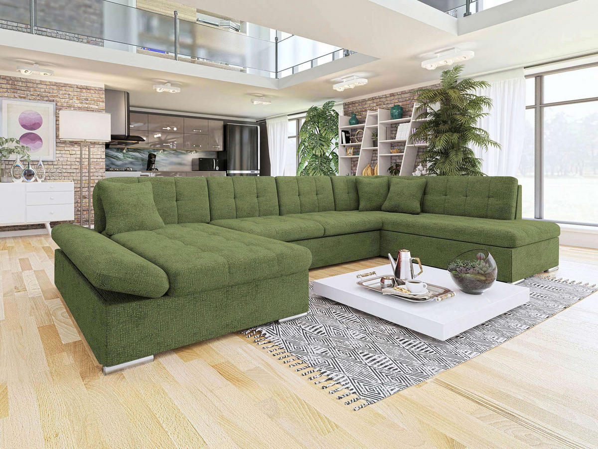 ECKSOFA Bergen Premium, Seite: Links - Silberfarben/Olivgrün, Holz/Textil (345/76/205cm) - MIRJAN24