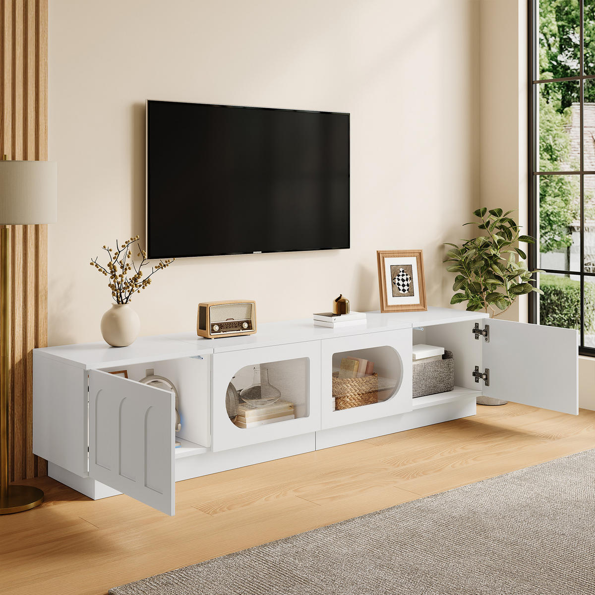 TV-LOWBOARD mit LED, APP-Steuerung, Glastür und Bogentür - Weiß, Holzwerkstoff (200/42/40cm) - FLIEKS