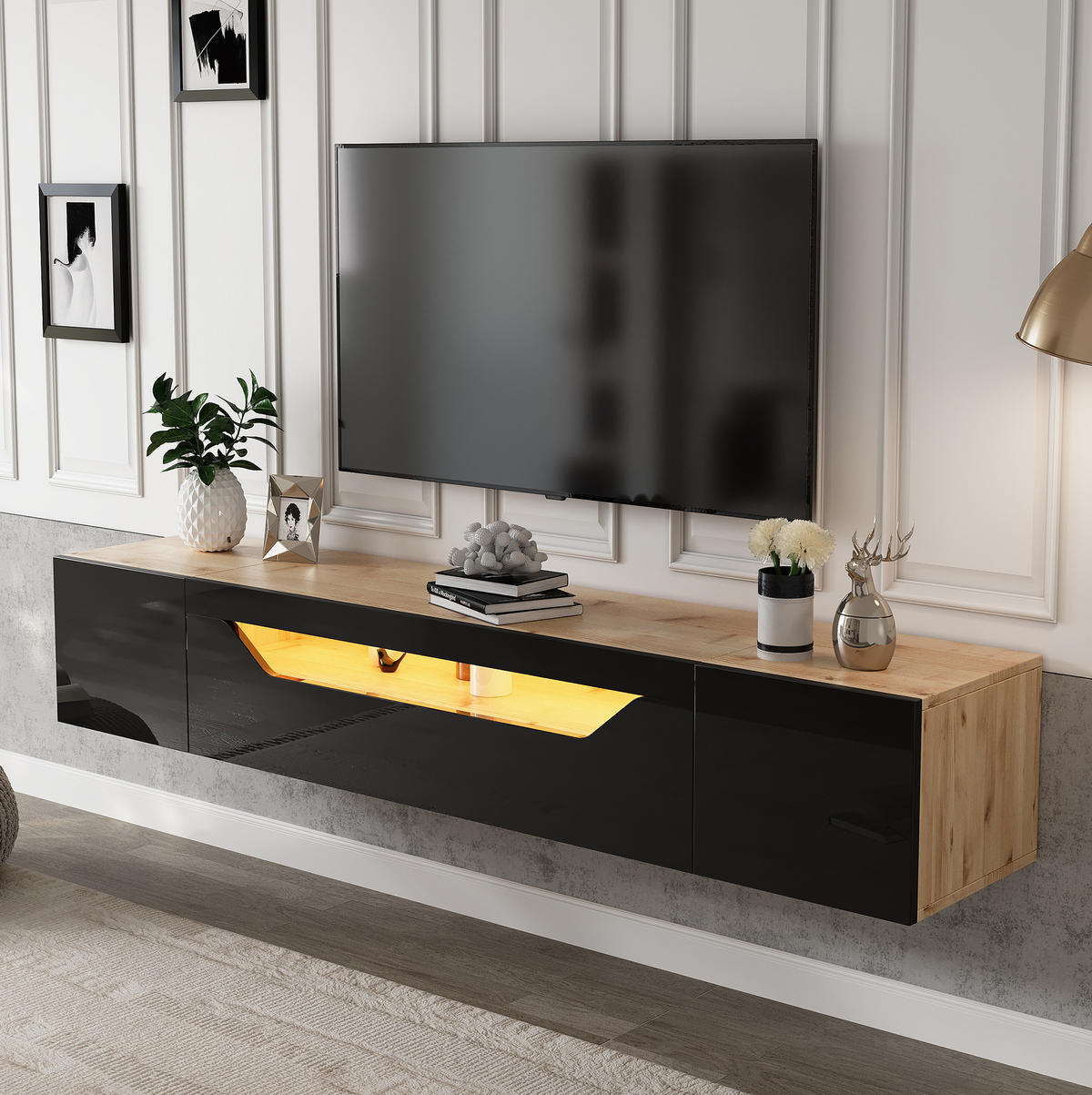 LOWBOARD 180/37/36 cm in Schwarz/Naturfarben aus Spanplatte mit LED-Beleuchtung - Schwarz, Holzwerkstoff (37/36/180cm) - OKMYHOME
