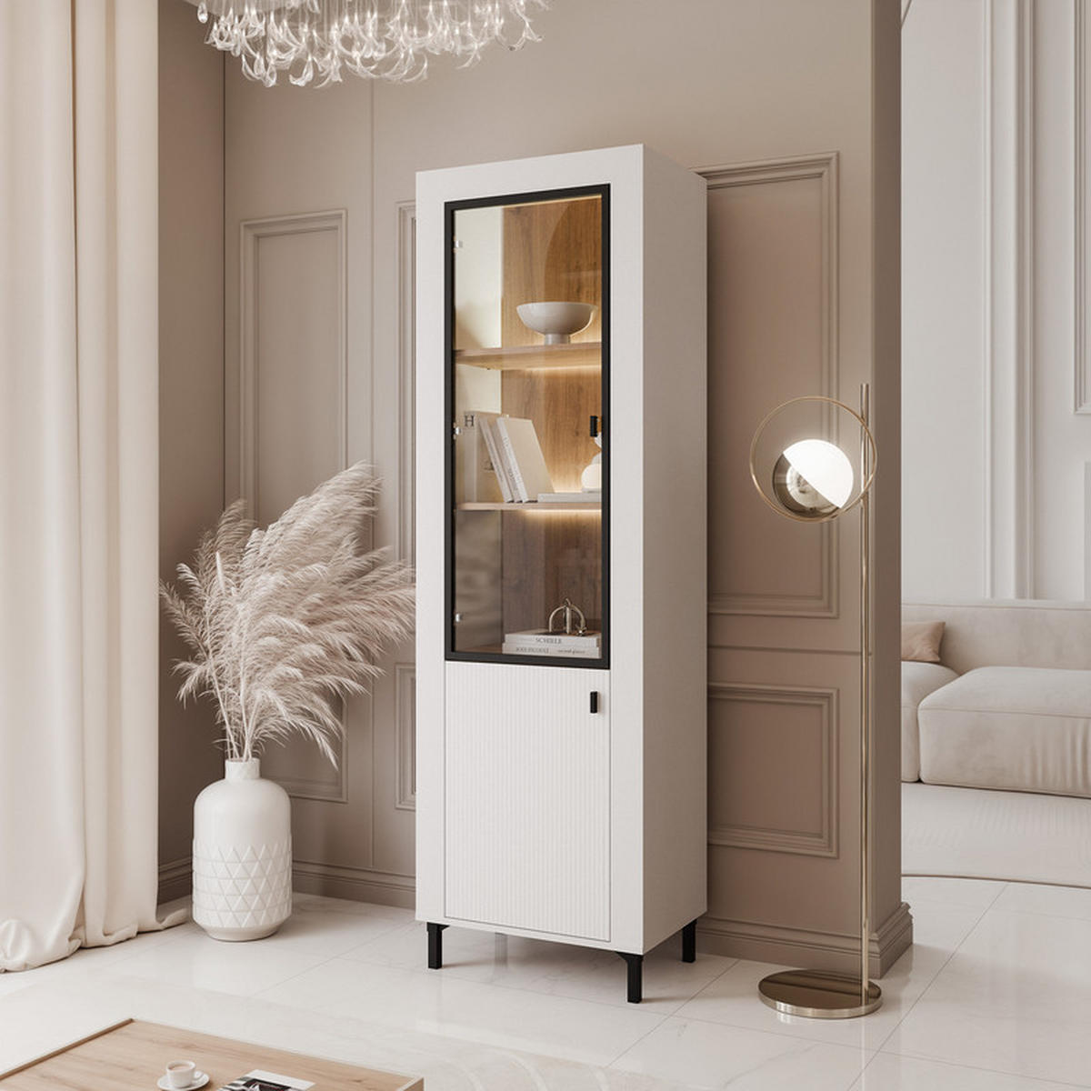VITRINE AVENA mit LED-Beleuchtung, 60/40/194 cm Weiß / Eiche - Weiß, Holzwerkstoff/Kunststoff (60/194/40cm) - Idohome