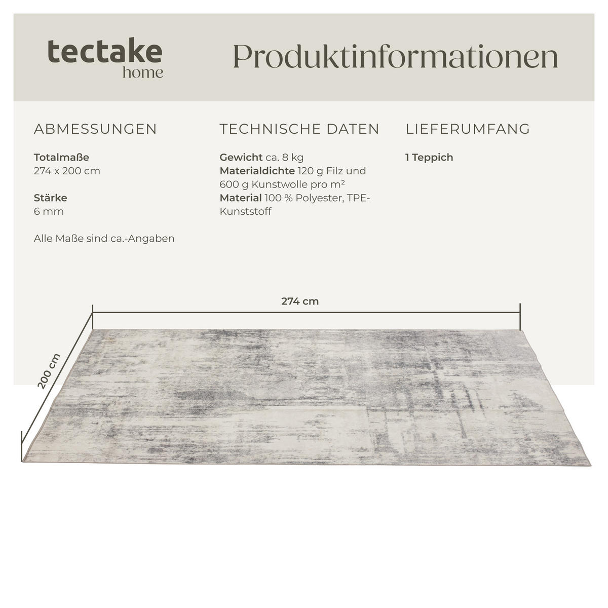 TEPPICH Vintage Design Nadira,rutschfeste Unterseite,beige/grau - Beige/Grau, Textil (200/274cm) - tectake
