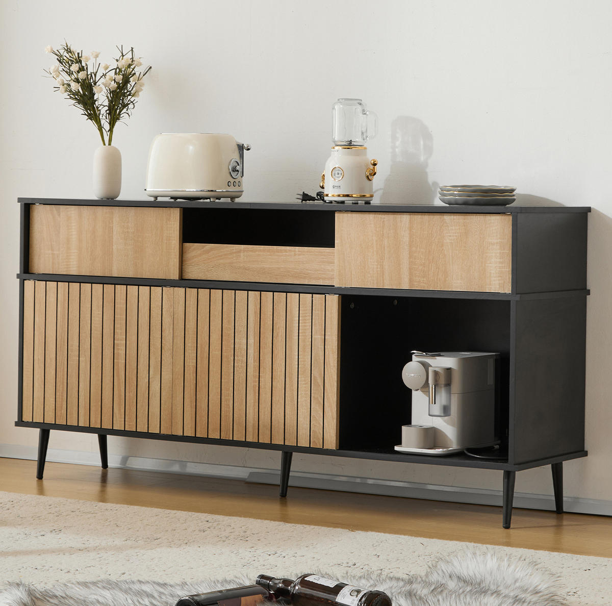 KOMMODE 160/40/80 cm mit Schiebetüren und Metallfüßen in Eichefarben/Schwarz - Schwarz, Holzwerkstoff (160/80/40cm) - BEAOK
