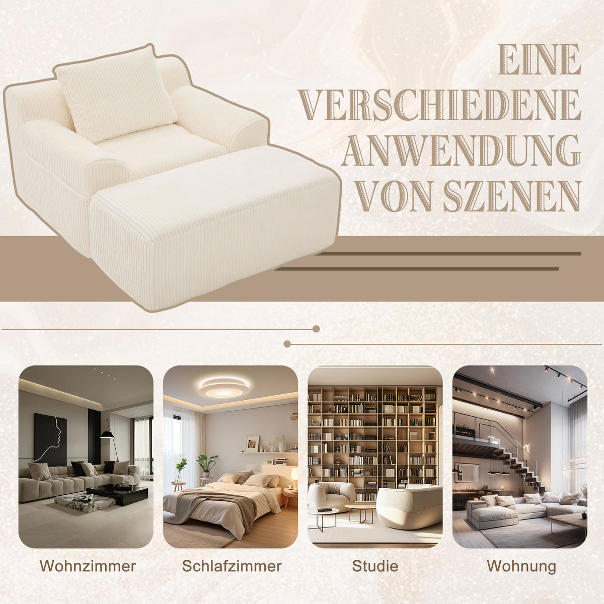 SESSEL mit Hocker in Cord Übergroßer Relaxsessel - Beige, Textil (147/67/110cm) - Urban Meuble