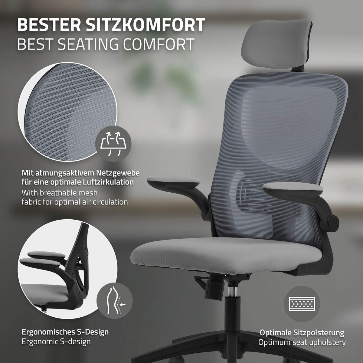 SCHREIBTISCHSTUHL Ergonomic grau - Grau, Kunststoff (60.5/121/60cm) - ML-DESIGN