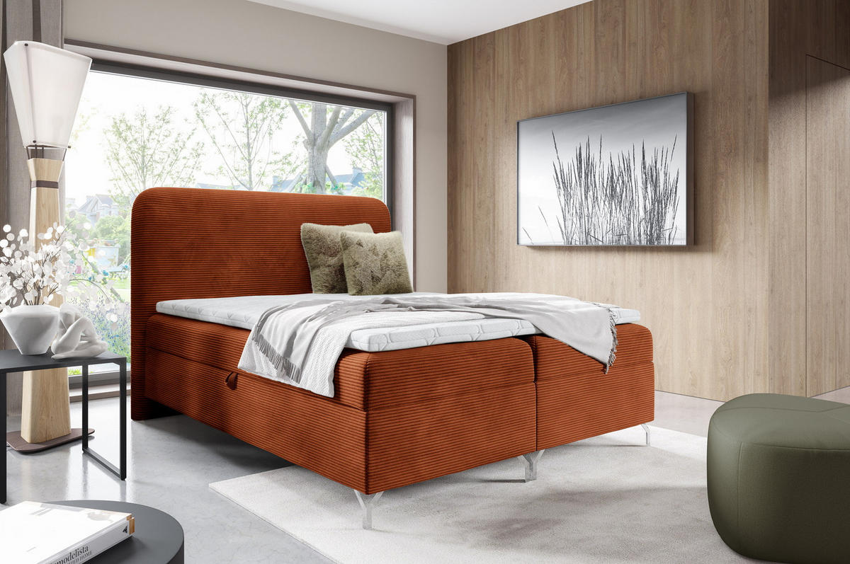 BOXSPRINGBETT mit Matratze H3 160x200 Rotos, Cordstoff, Bettkasten, Orange - Orange, Holz/Textil (160/200cm) - Emporius