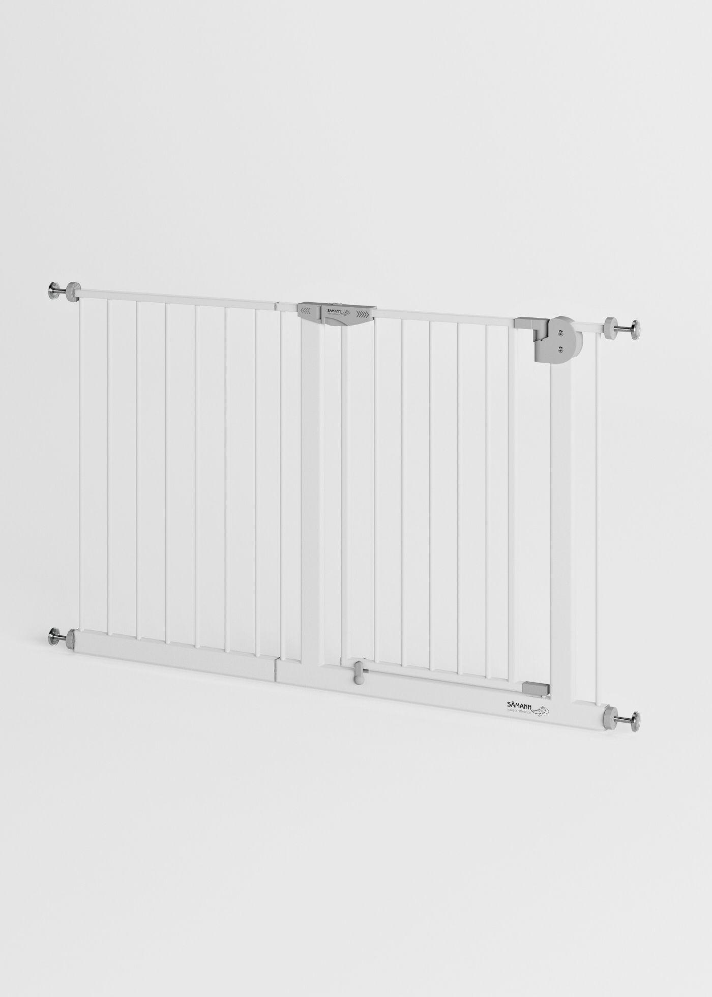 TÜRSCHUTZGITTER & Treppenschutz mit 4x Elefantenfuß, Tür mit 90° Stop, ohne Bohren 125-135 cm - Weiß, Metall (135/5cm) - Sämann – make a difference.