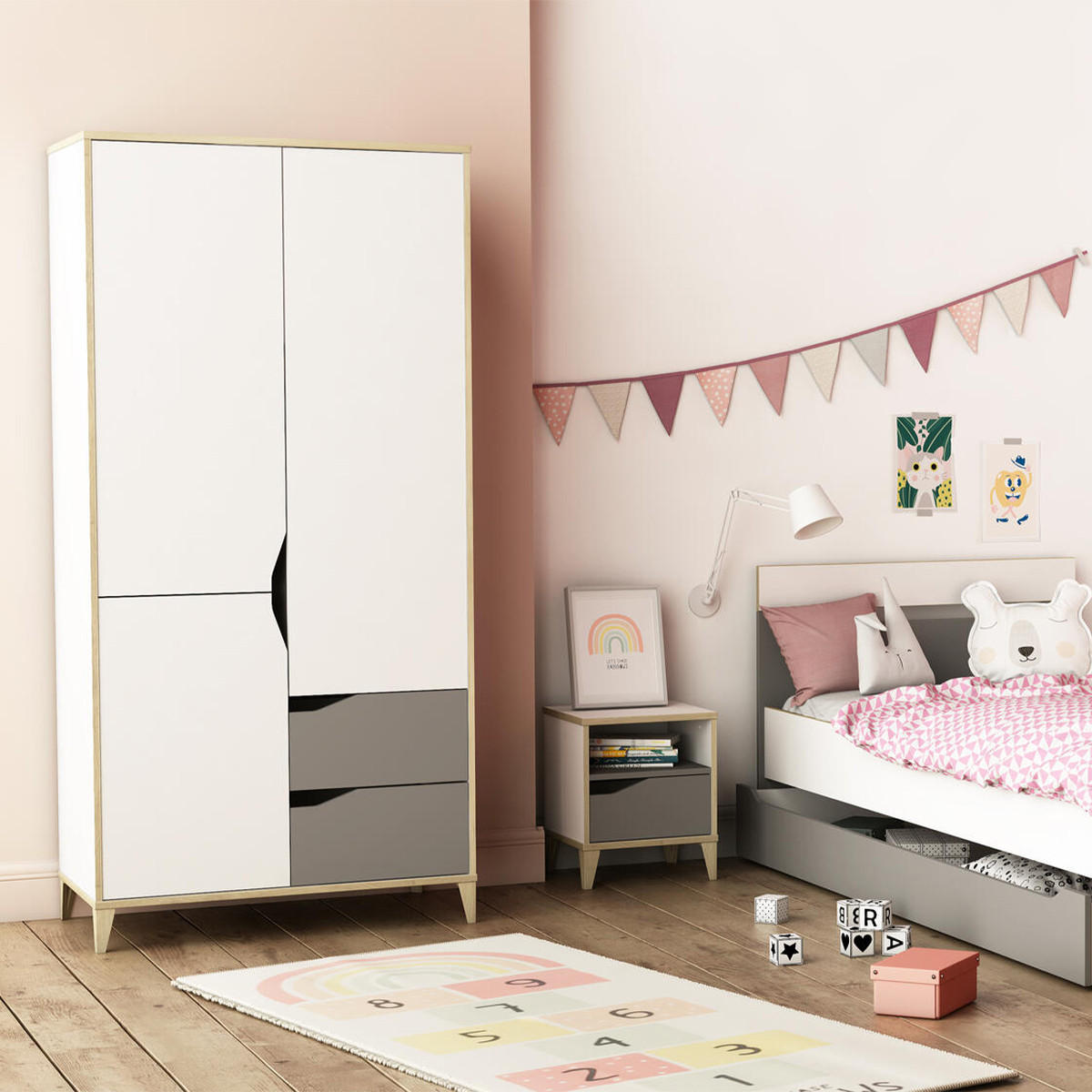 SCHRANK mit 3 Türen und 2 Schubladen L88,9 cm - Weiß und Grau - Genius - Hellgrau/Weiß, Holzwerkstoff (50.1/184.6/88.9cm) - Calicosy