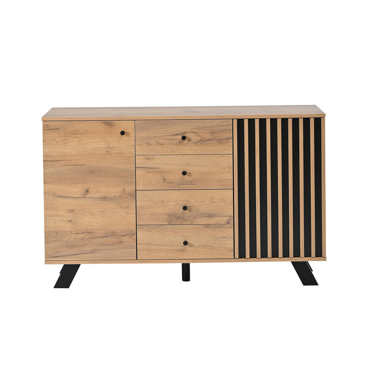 SIDEBOARD 2 Schränke, 4 Schubladen, Hohldekor, Holzfarbe & Schwarz 5 Massivholzbeine, Viel Stauraum - Sonoma Eiche, Holzwerkstoff (120/75/38cm) - Urban Meuble