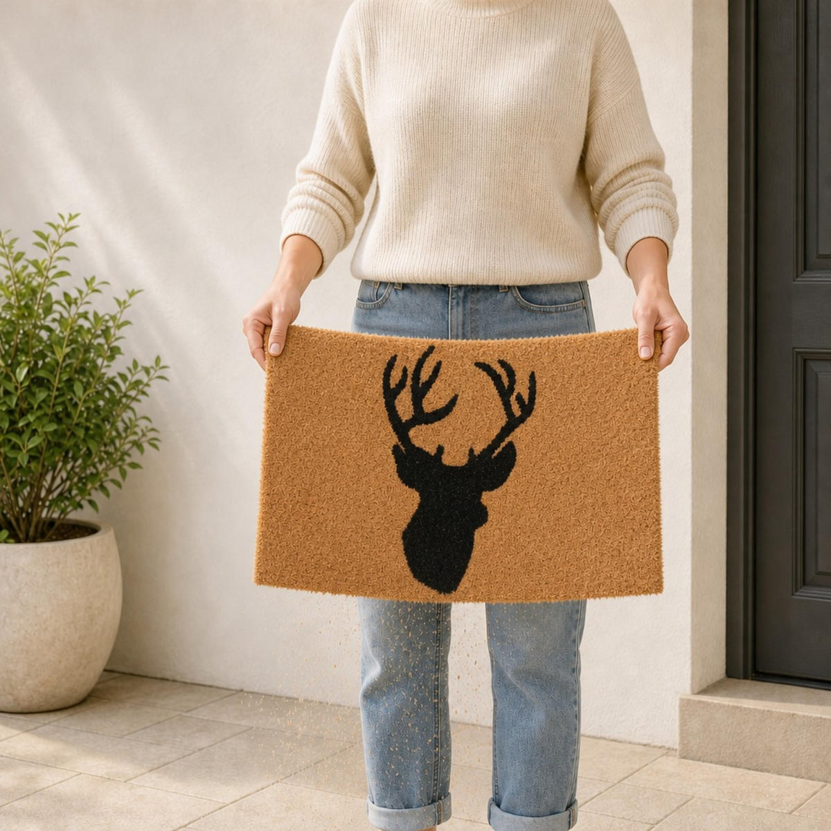 FUSSMATTE Natur Schwarz Kokos Hirsch 60x40 cm - Hellbraun, Kunststoff/Textil (60/40cm) - Relaxdays