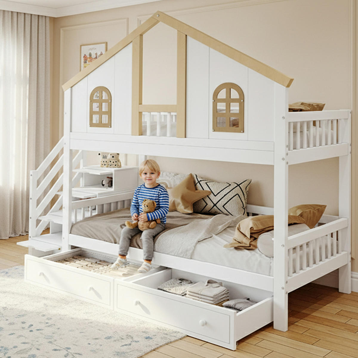 ETAGENBETT 90/200 cm mit Stauraumtreppe, 2 Schubladen, Fenstern und Fallschutz aus Kiefer massiv und MDF, Weiß/Natur - Weiß, Holzwerkstoff (90/200cm) - Redom