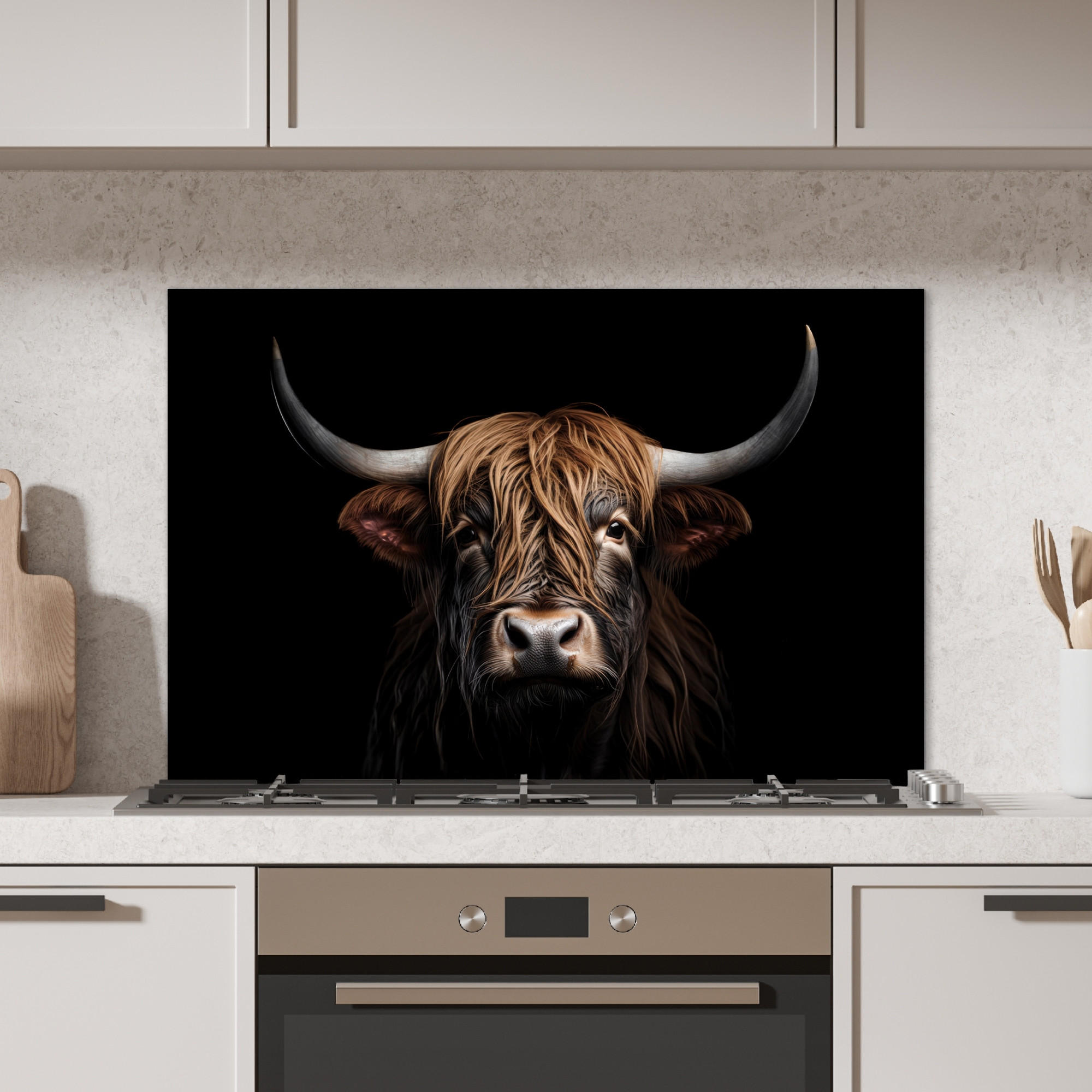 SPRITZSCHUTZ KÜCHE Schottischer Highlander - Porträt - Schwarz - Tier 80x55 cm - Braun, Metall (80/0.3/55cm) - MuchoWow