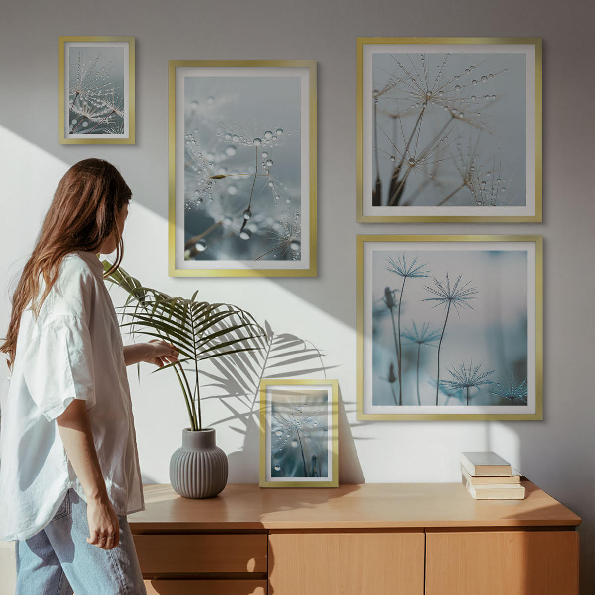 WANDBILDER 5er Set - 50x50 cm & 20x30 cm & 40x60 cm Goldrahmen - Wassertropfen auf Löwenzahnsprossen - Goldfarben, Kunststoff (40/60cm) - ArtPrintCave