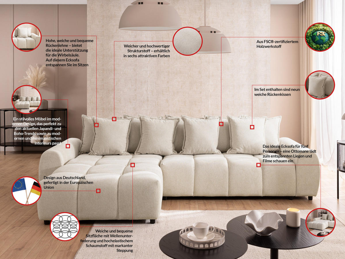 ECKSOFA Bubble mit losen Rückenkissen und Sitzfläche in Bubble-Optik aus weichem Hellbeige Strukturstoff mit schöner Sitzkomfort - Ottomane links - Beige/Schwarz, Holz/Kunststoff (180/306cm) - S-Style Möbel