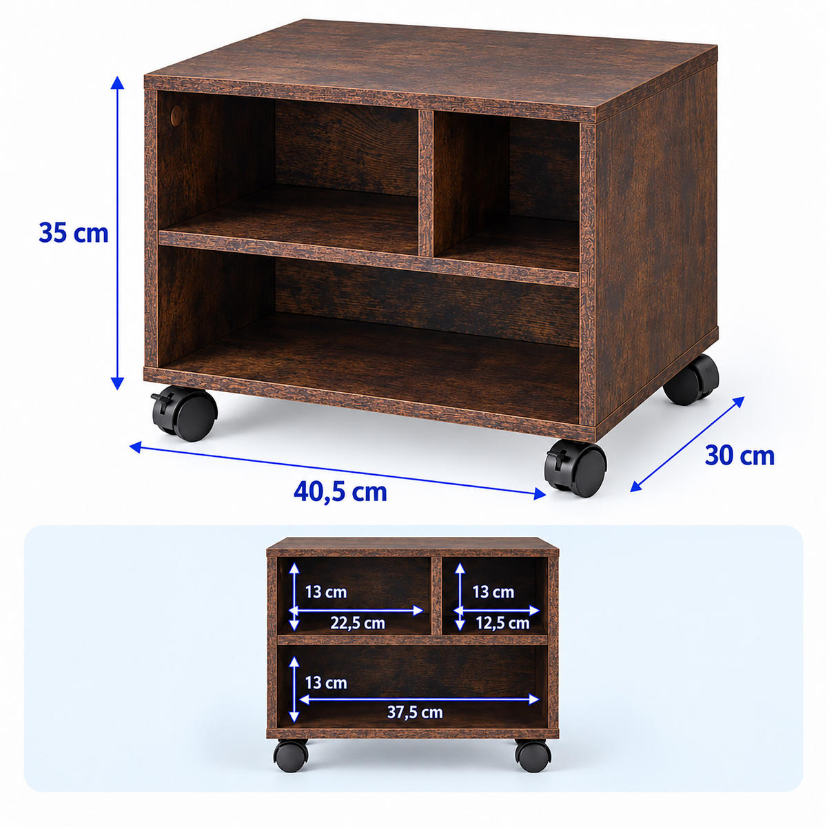 DRUCKERSTÄNDER Vintagebraun mit Rollen 3 Fächer - Braun, Holzwerkstoff/Kunststoff (40.5/35/30cm) - Relaxdays