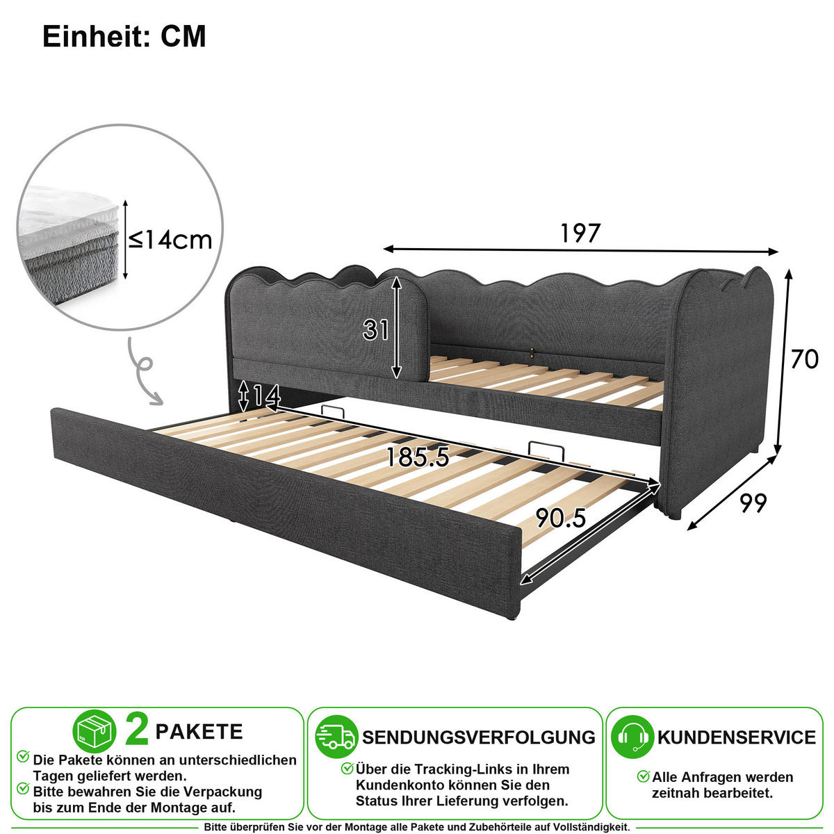 KINDERBETT 90/190 cm & 90/190 cm in Grau mit Ausziehbett und Lattenrost Leinen - Grau, Holzwerkstoff/Textil (90/190cm) - CHICFURN