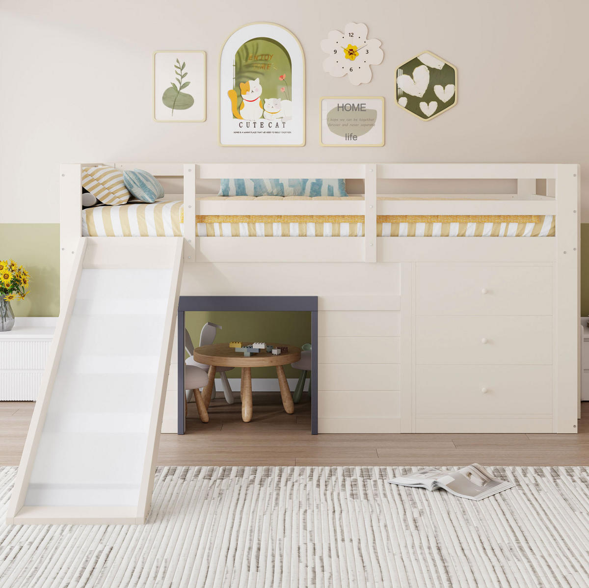 HOCHBETT 90/200 cm in Creme – mit Rutsche und Stauraum - Weiß, Holzwerkstoff (90/200cm) - BEAOK