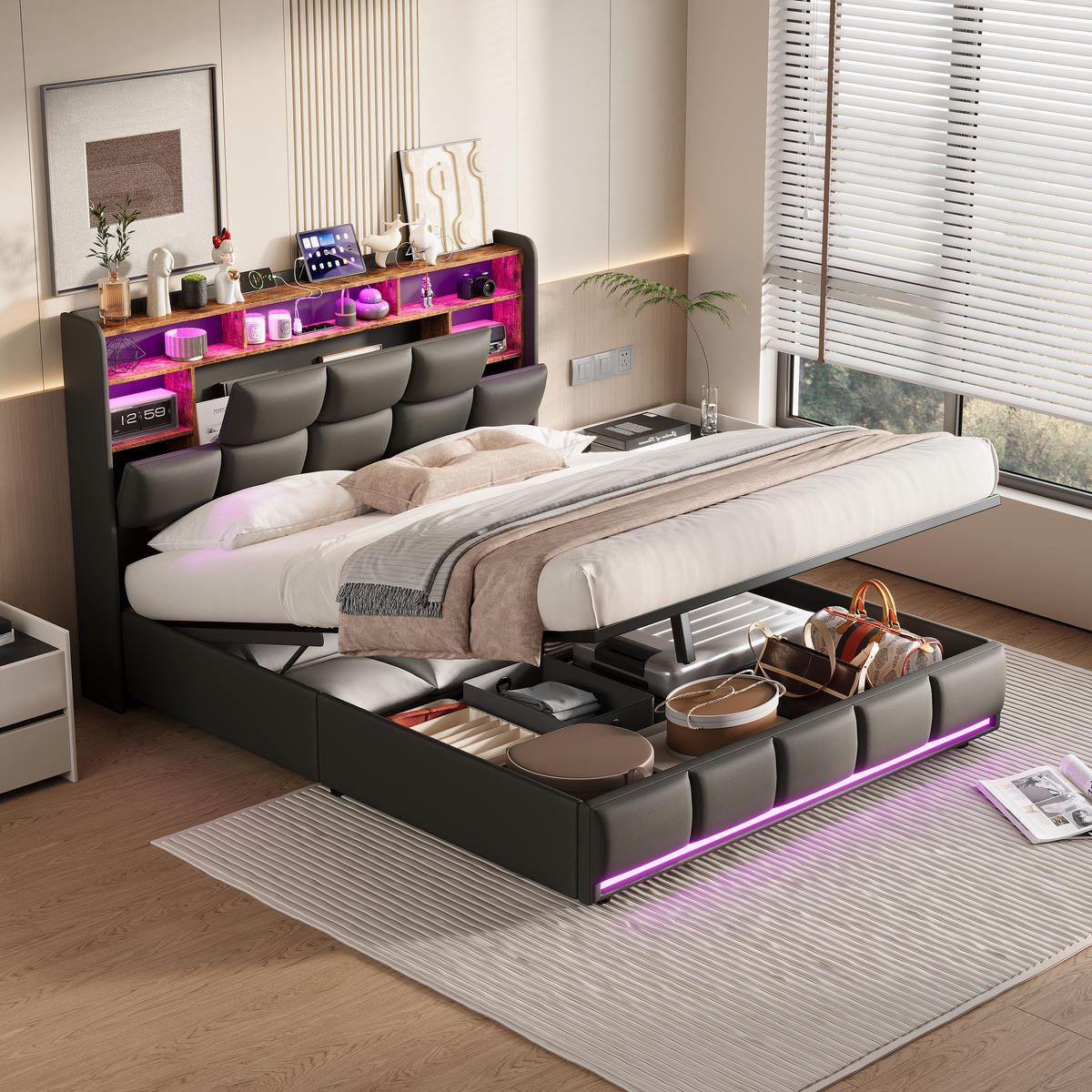 POLSTERBETT 140x190 cm mit LED & USB, Doppelbett mit Stauraum Kopfteil & Lattenrost, Kunstleder Schwarz - Schwarz, Metall (140/190cm) - EuroLiving