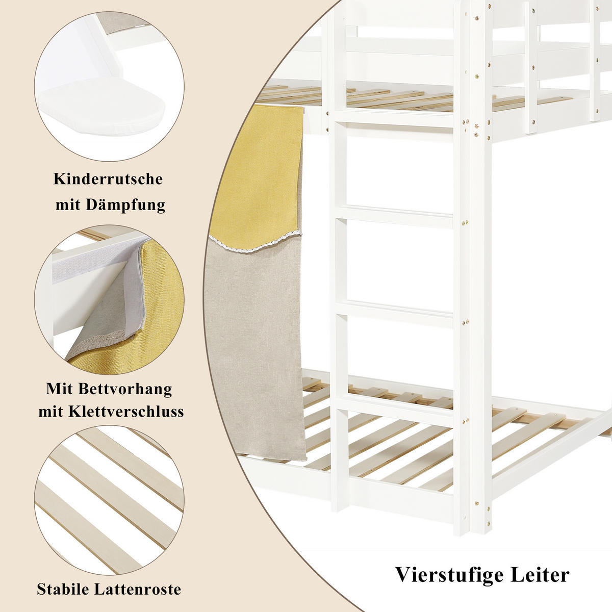 ETAGENBETT 90x200 cm Rutsche Vorhang weiß - Weiß, Holz (90/200cm) - LEBENLANG