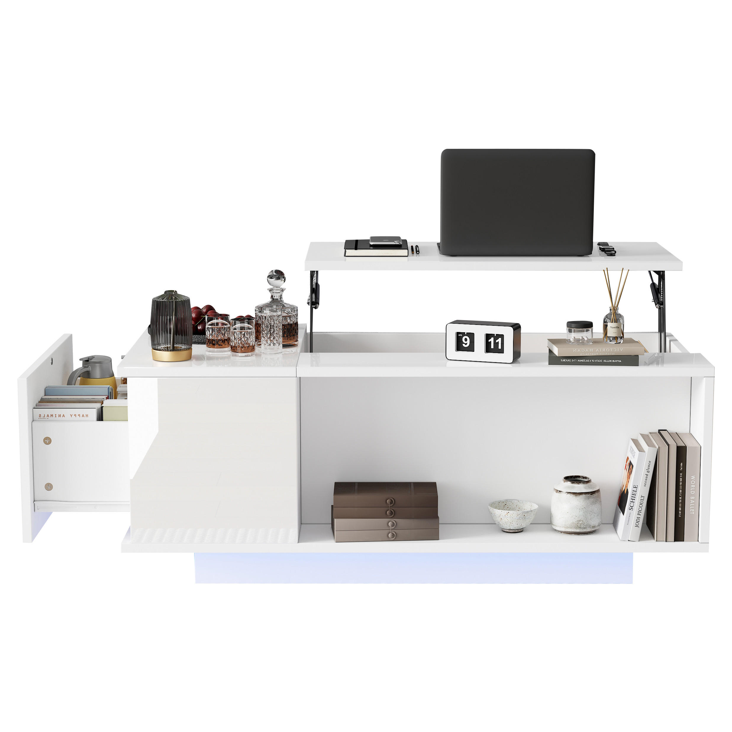 COUCHTISCH Weiß 100/50/40 cm mit Hebefunktion und LED-Beleuchtung - Weiß, Holzwerkstoff (50/100/40cm) - PANGIVO