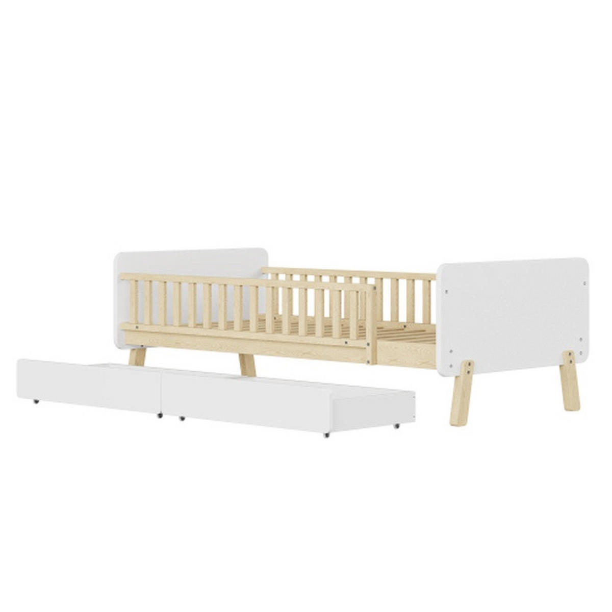 KINDERBETT 90x190 mit 2 Schubladen, Einzelbett aus Massivholz mit Lattenrost, weiß - Weiß, Holz (90/190cm)