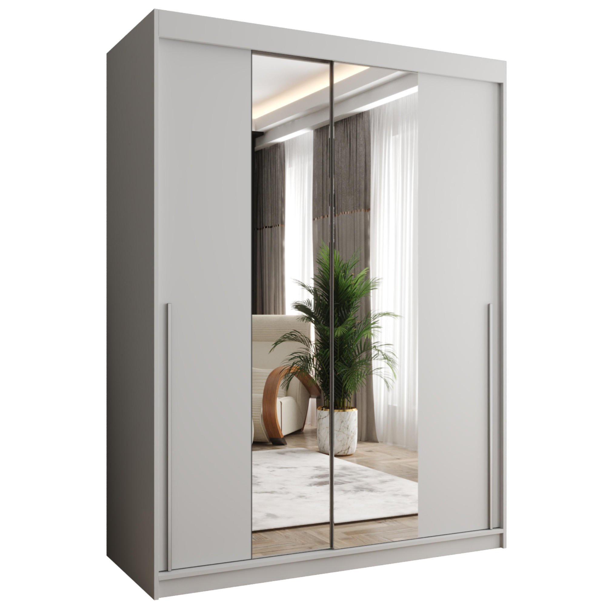 SCHIEBETÜRENSCHRANK mit Spiegel 150 cm Breite, Weiß mit silbernem Griff - Silberfarben/Weiß, Holzwerkstoff (150/200/62cm) - Home Collective