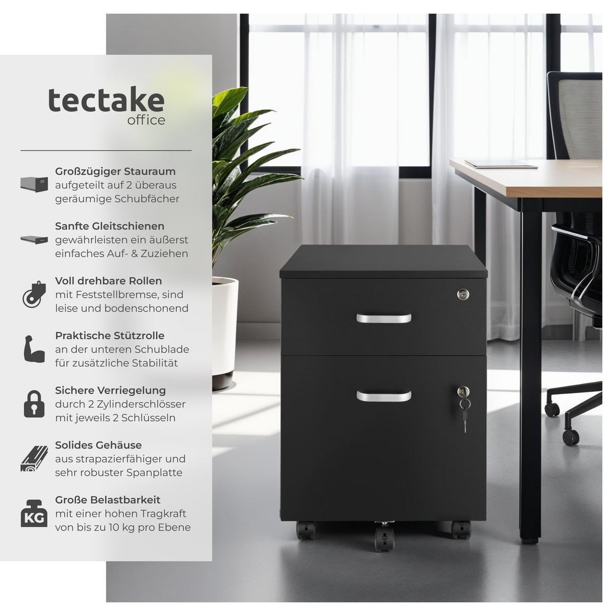 ROLLCONTAINER Vagur,40 x 44 x 54,5 cm,schwarz - Schwarz, Holzwerkstoff (40/54.5/46cm) - tectake