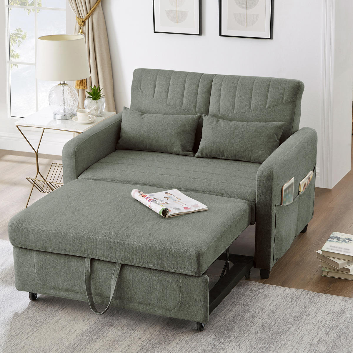 SCHLAFSOFA 2-Sitzer ausziehbar mit 3-stufiger Rückenlehne - Olivgrün, Kunststoff (114/82.5/77cm)