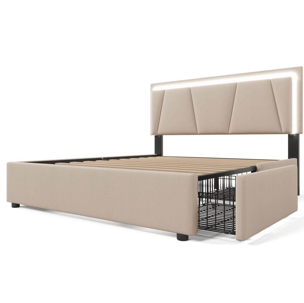 POLSTERBETT aus Holz 140x200 cm in Beige mit LED-Beleuchtung & 4 Schubladen - Beige, Holzwerkstoff (140/200cm) - Modfu
