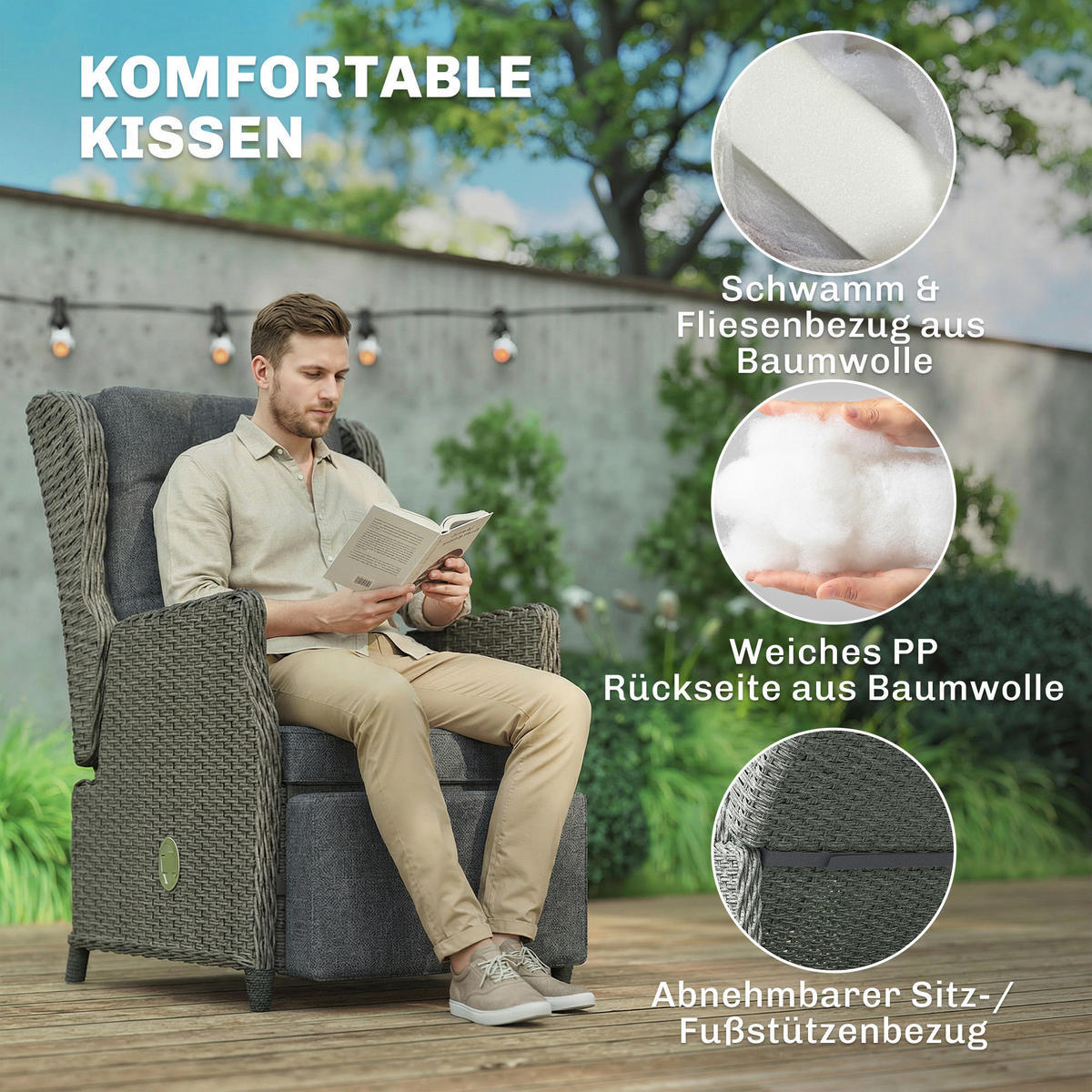 RATTANSTUHL PE-Geflecht Metall Dunkelgrau - Dunkelgrau/Schwarz, Textil/Metall (58/98.5/81cm) - Outsunny