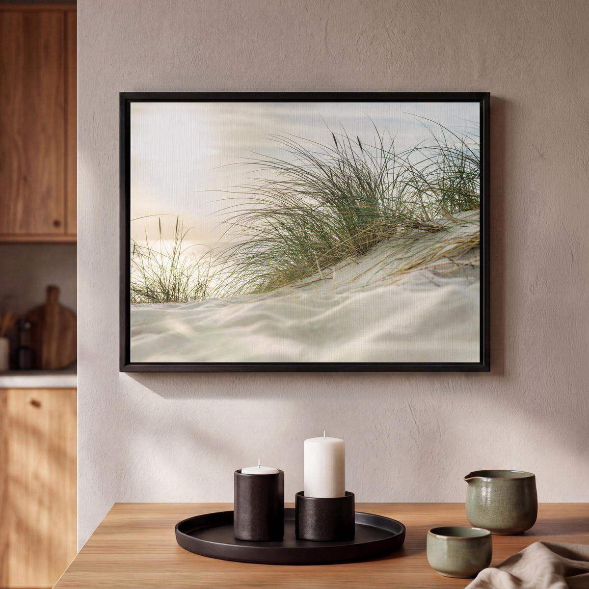 LEINWAND Bilder mit Rahmen - Dünen mit Strandhafer in der Sonne des Nationalparks Schleswig-Holsteinisches Wattenmeer - 40x30 - Creme, Textil (40/30cm) - MuchoWow