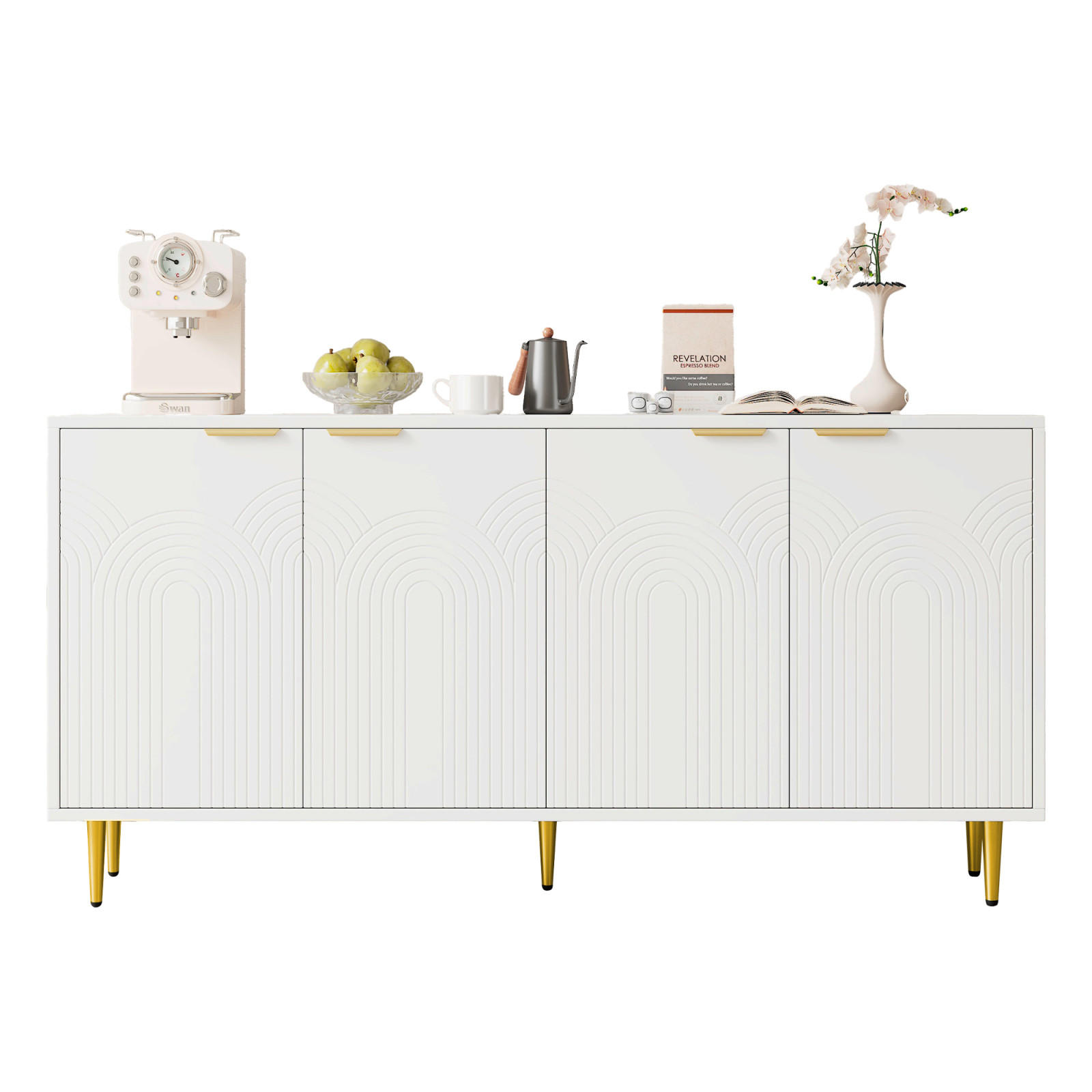 SIDEBOARD 160x40x80 cm mit 4 Türen und Hochglanzbeinen, Weiß - Weiß, Holz (160/80/40cm)