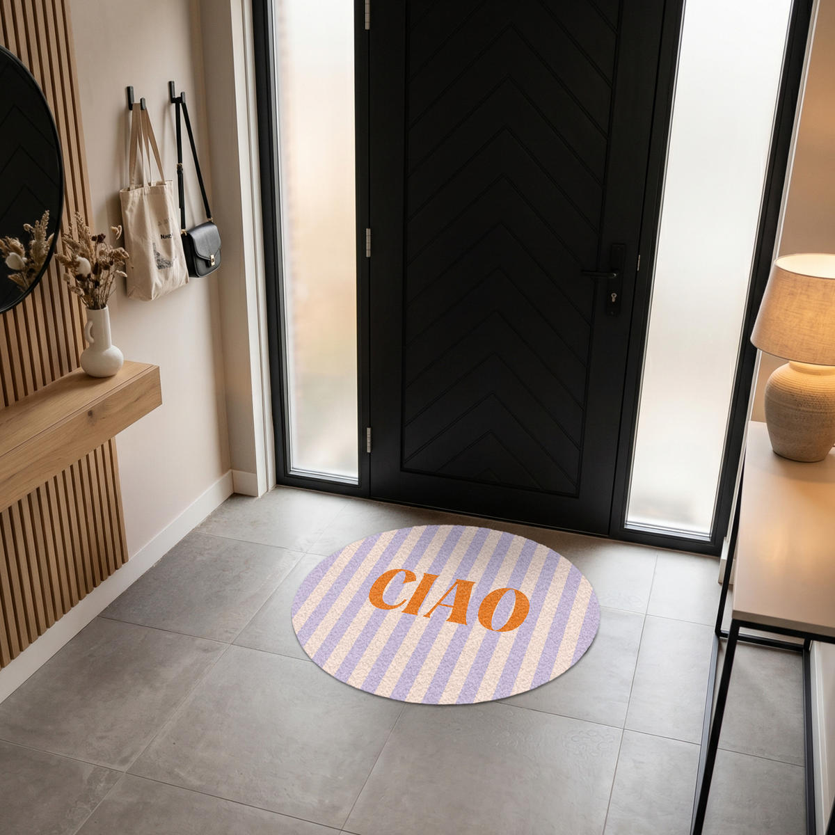 ROHOŽKA Ciao - Citát - Pastelové barvy - Pruhy 90x90 cm - šeříková, textil/umělá hmota (90/0.4cm) - MuchoWow