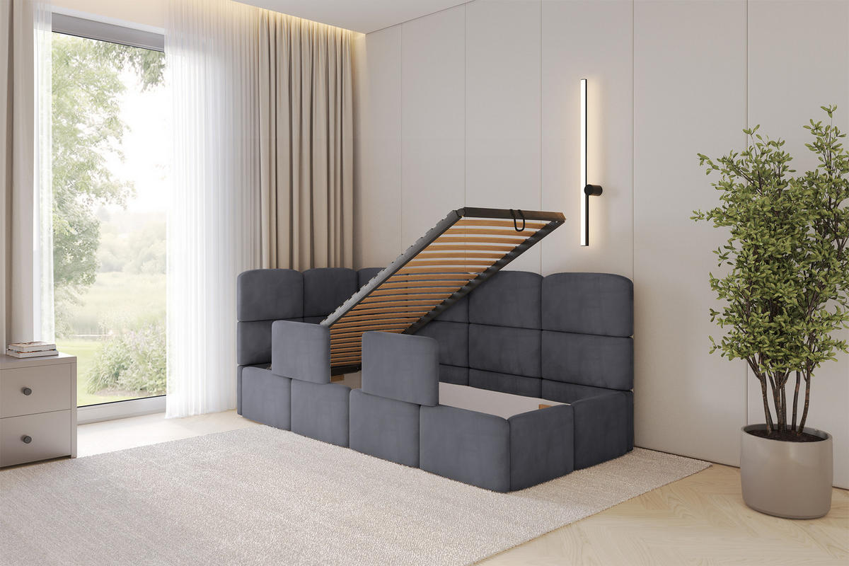 EINZELLBETT Jugendbett mit Bettkasten, Rechts - KIVY 100x200 Dunkelgrau - Dunkelgrau, Holzwerkstoff/Textil (100/200cm) - ALTDECOR