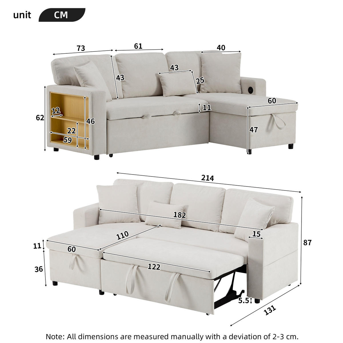 ECKSOFA L-Form Schlafcouch mit Stauraum und USB-Anschluss Samt Beige 214/131/87 cm - Beige, Textil (214/131cm) - OKWISH