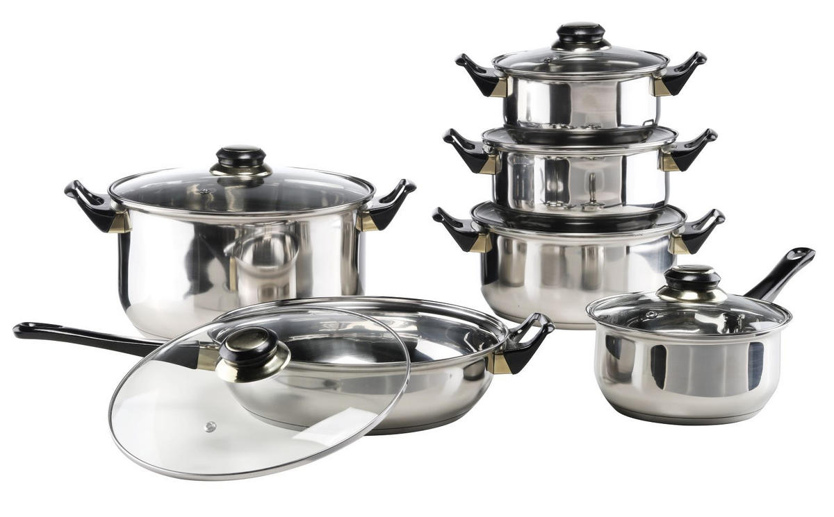 KOCHTOPF-SET 12tlg. aus Edelstahl mit Glasdeckel - Transparent, Metall - Haushalt International
